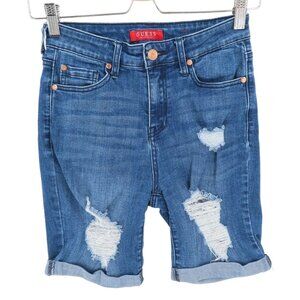 GUESS Womens 25 Roll Cuff Hem Distressed Blue Jean Denim Bermuda Shorts
